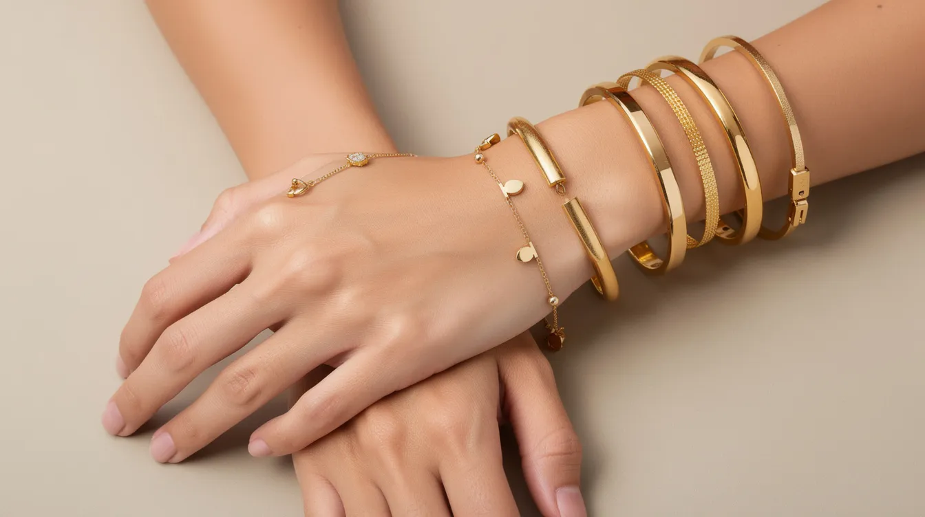The image showcases a collection of elegant gold plated bangles and bracelets, highlighting their distinct designs; the bangles are rigid circles, while the bracelets feature clasps for easy wear. This assortment of jewellery adds a touch of charm and style, perfect for elevating any outfit.