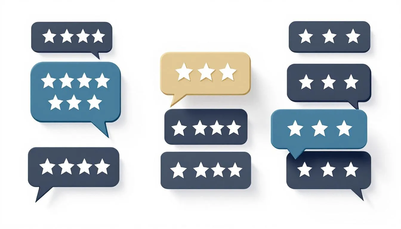 The image features various chat bubbles displaying ratings ranging from 2 to 5 stars, symbolizing user reviews and opinions about a company’s services. These ratings reflect customers' experiences and highlight the positive feedback received for their business funding needs in writing.