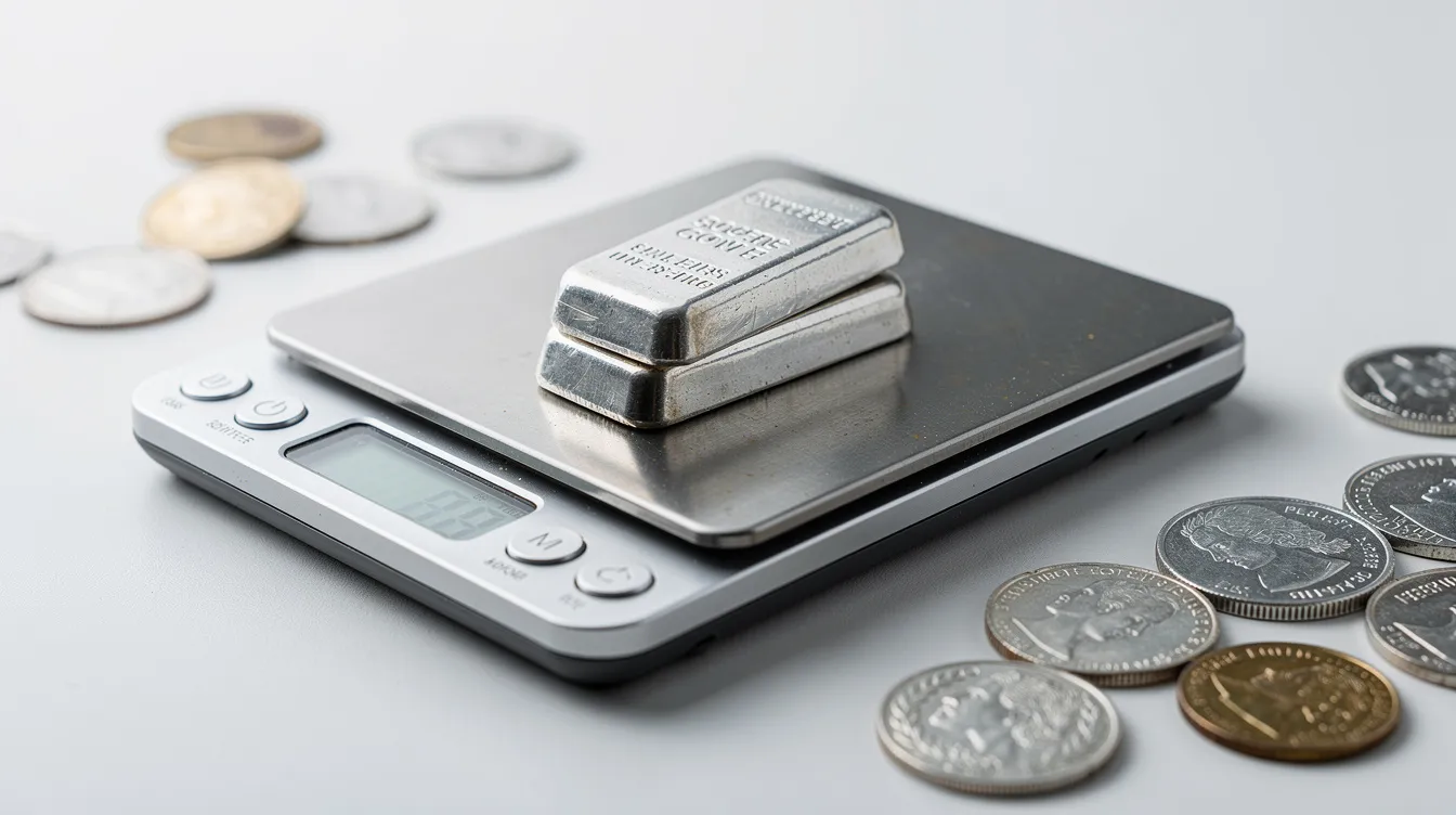 Precision scale with small silver bars and coins
