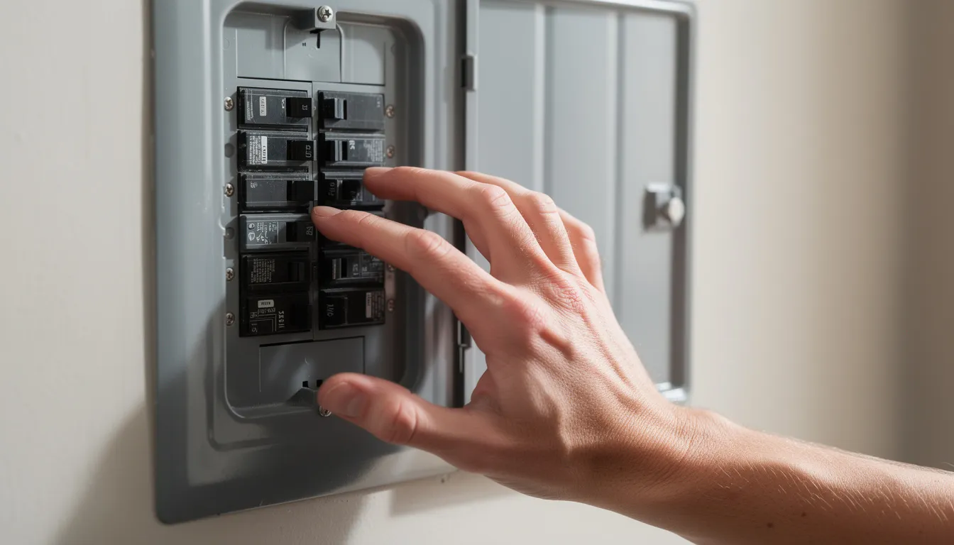 A person's hand is reaching toward a residential electrical panel, which features multiple circuit breakers and is essential for managing the electrical system of a home sauna. This image highlights the importance of inspecting electrical components for potential issues like faulty wiring or blown fuses to ensure safety and proper functioning.