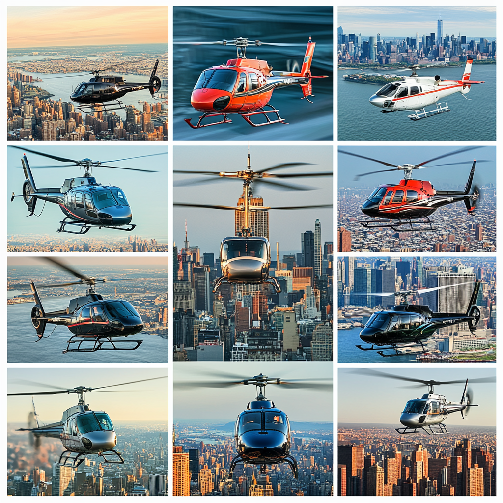 A collage of top-rated helicopter tours in NYC featuring various helicopter models.