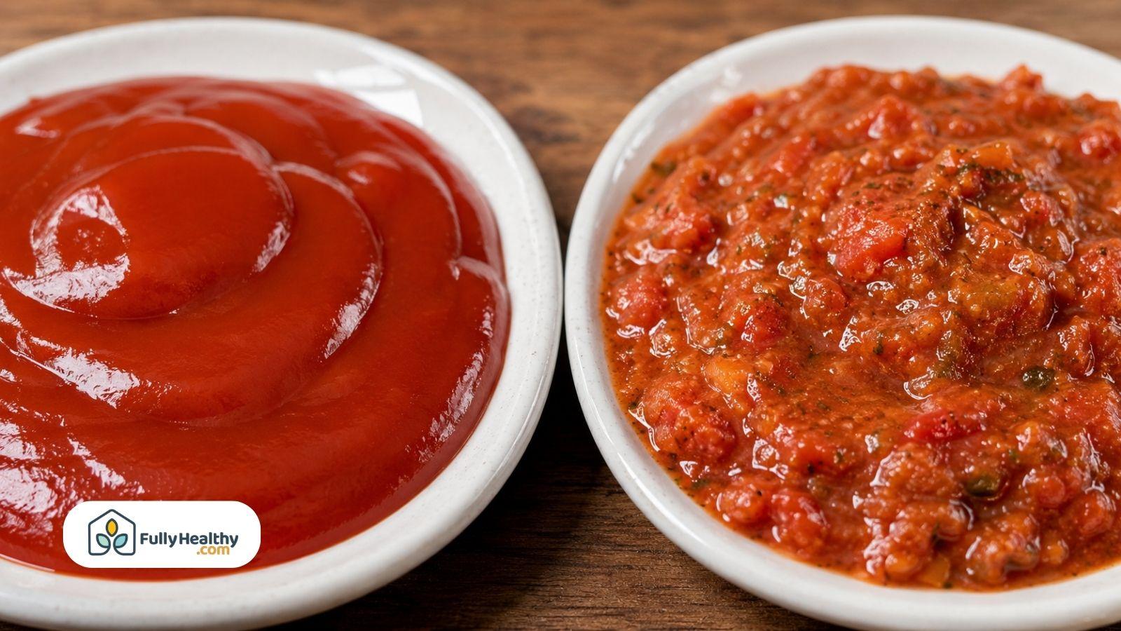 Smooth ketchup beside chunky spaghetti sauce showing texture differences clearly