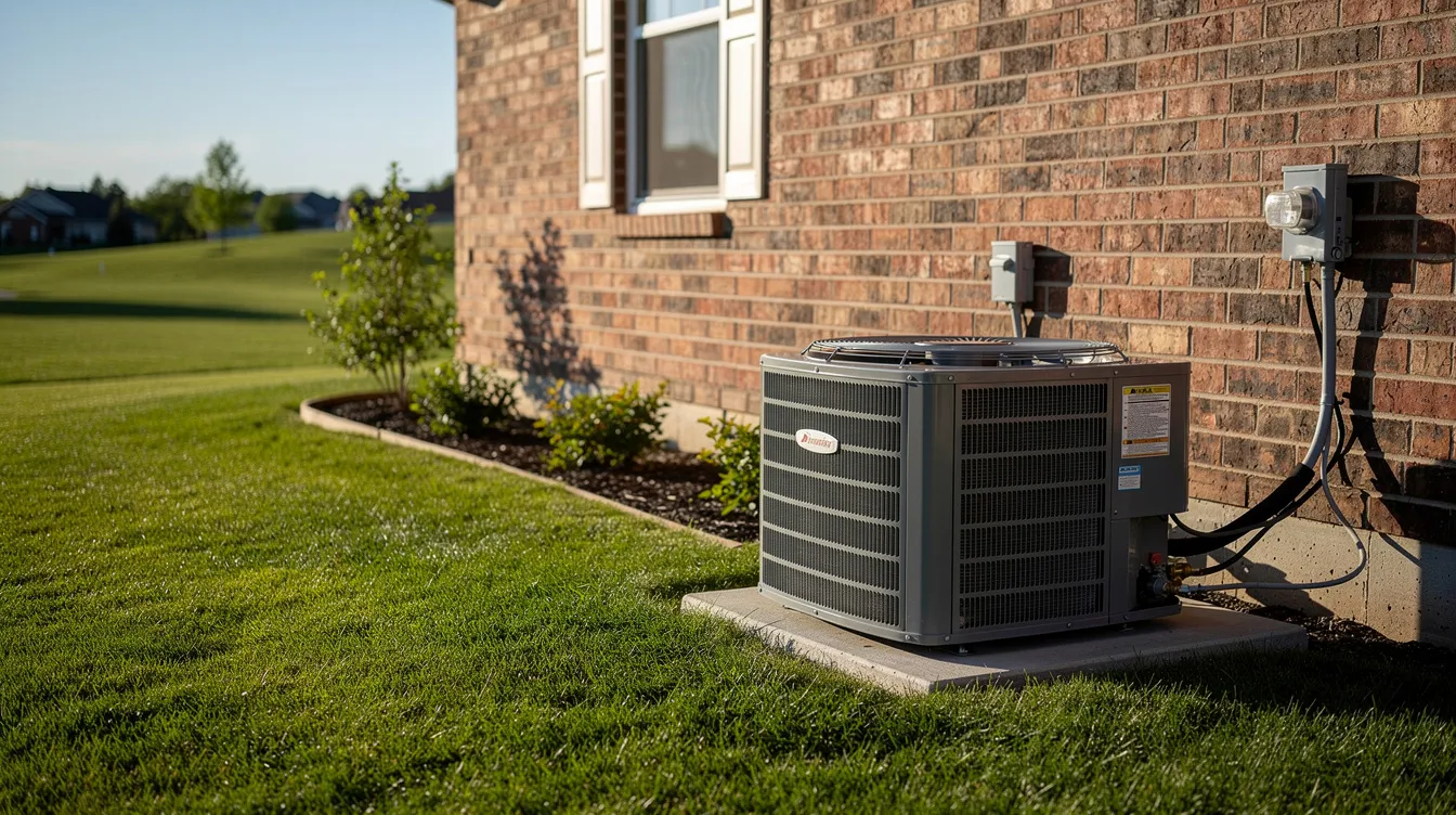 An outdoor air conditioning condenser unit is positioned next to a brick residential home, surrounded by a well-maintained green lawn. This air conditioning unit is designed to dissipate heat and provide cool air, contributing to the home's energy efficiency and comfort.