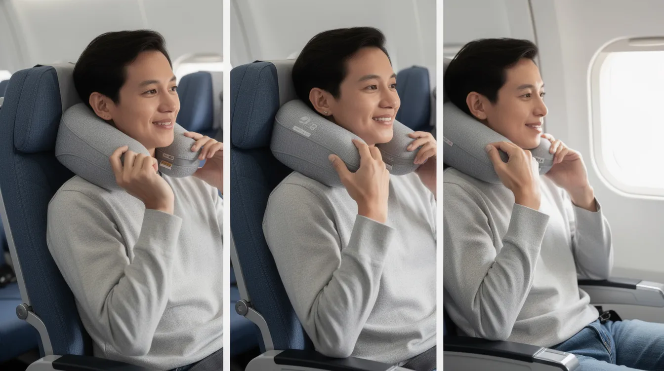 A person is seated in an airplane, adjusting a dark grey microbead travel pillow into various positions for optimal neck support and head comfort. The u-shaped neck pillow provides soft, supportive comfort, making it ideal for long flights.