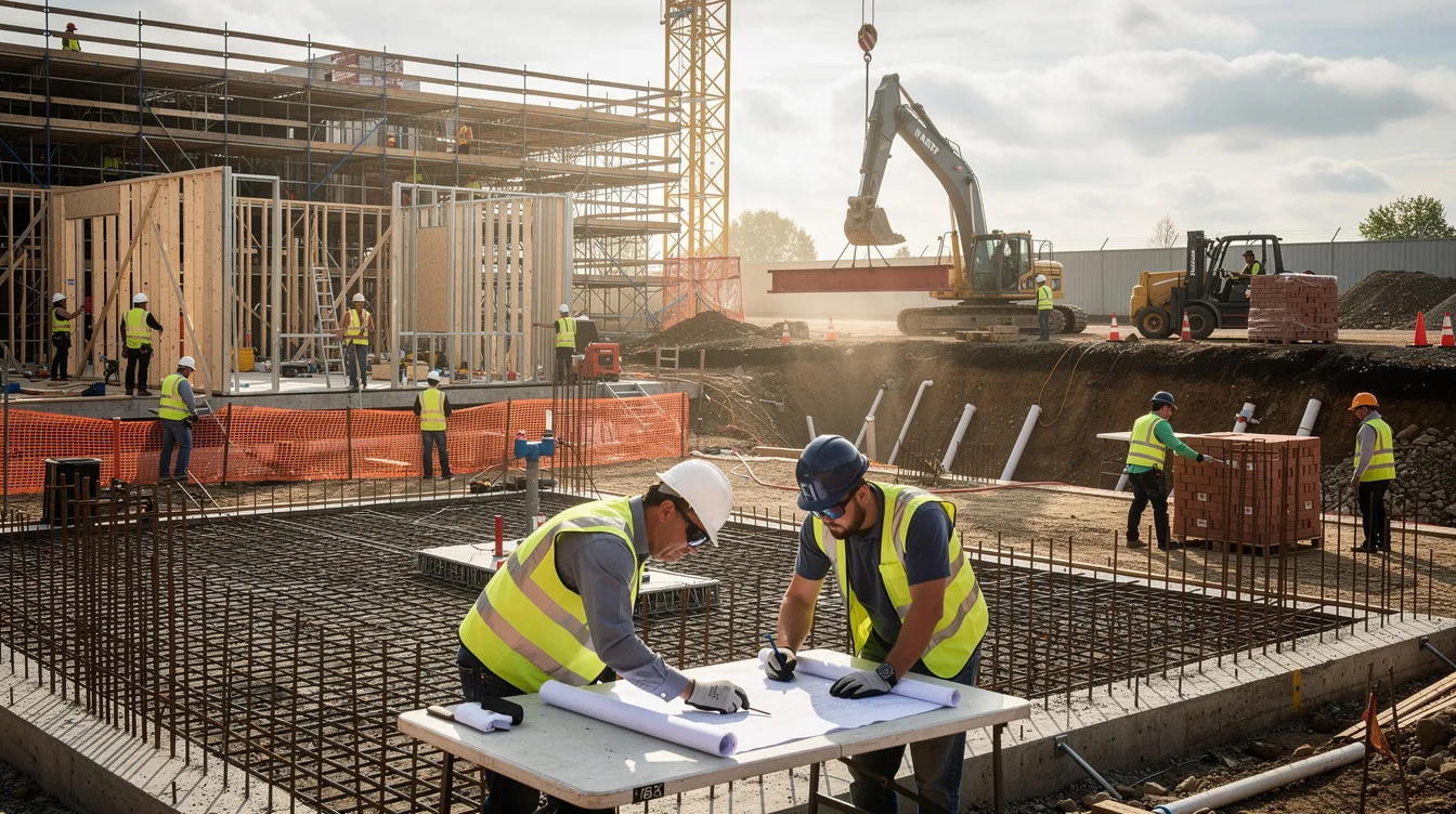 The image depicts a bustling construction project site where multiple trade workers are actively engaged in various tasks alongside heavy equipment. The scene illustrates the complexities of construction management, highlighting the coordination required to manage labor, equipment, and material costs effectively.