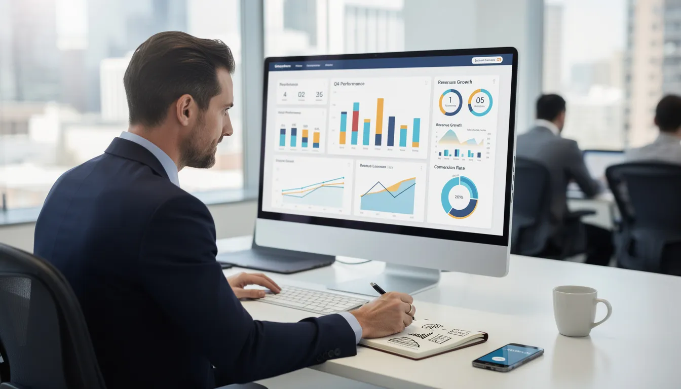 A business professional is focused on a computer screen displaying performance metrics related to inbound calls, including call volume and missed calls. This image highlights the importance of effective call management to improve customer experience and minimize lost revenue for businesses.