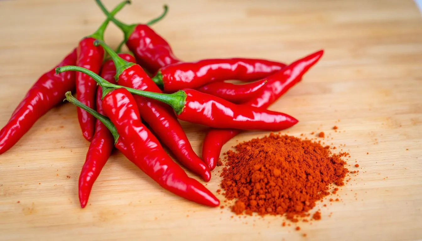 The image features fresh red cayenne peppers alongside a small pile of organic cayenne powder on a wooden cutting board, highlighting the vibrant colors and textures of these spicy ingredients. This setup suggests their use in various culinary applications and herbal remedies, emphasizing their health benefits for the immune system and cardiovascular health.