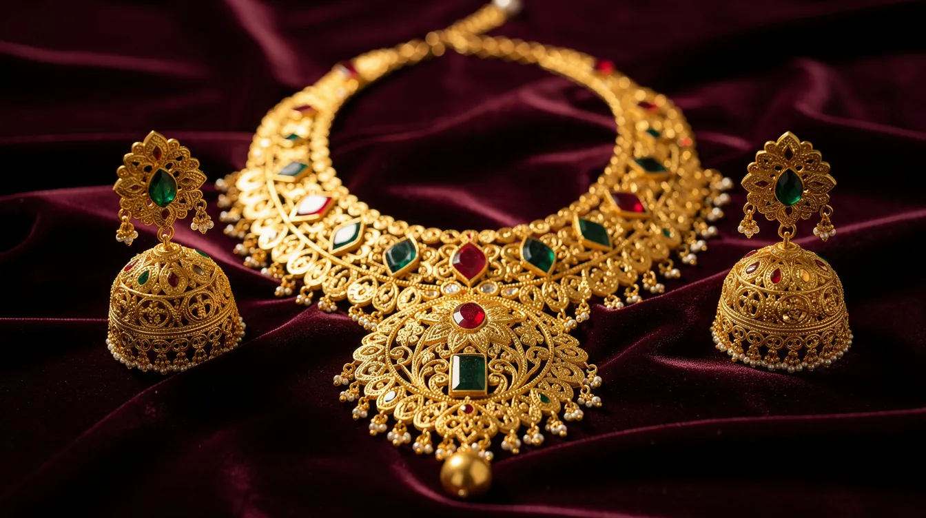 A close-up image showcases an exquisite Indian bridal gold jewellery set, featuring a detailed necklace and matching earrings, elegantly displayed on dark velvet fabric. The intricate design and craftsmanship of the jewellery are highlighted, making it an ideal choice for special occasions and enhancing the overall user experience for those browsing or shopping for bridal accessories.