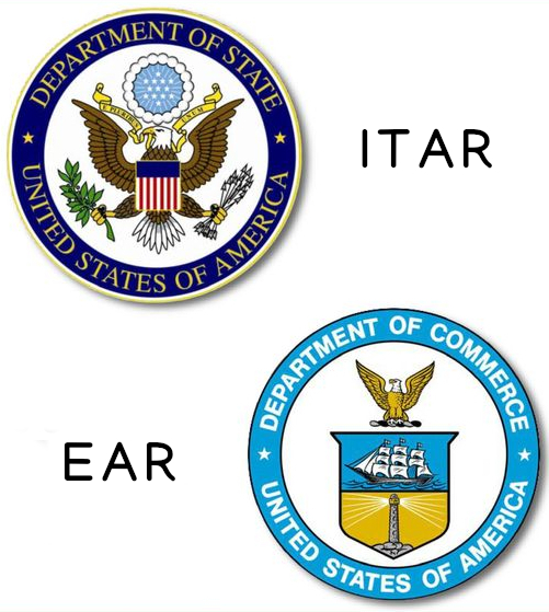 Two round US government badges next to ITAR and EAR