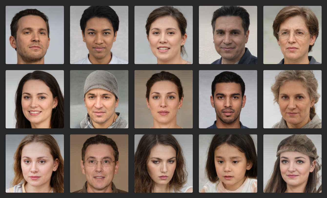 Gallery of 15 AI-generated faces