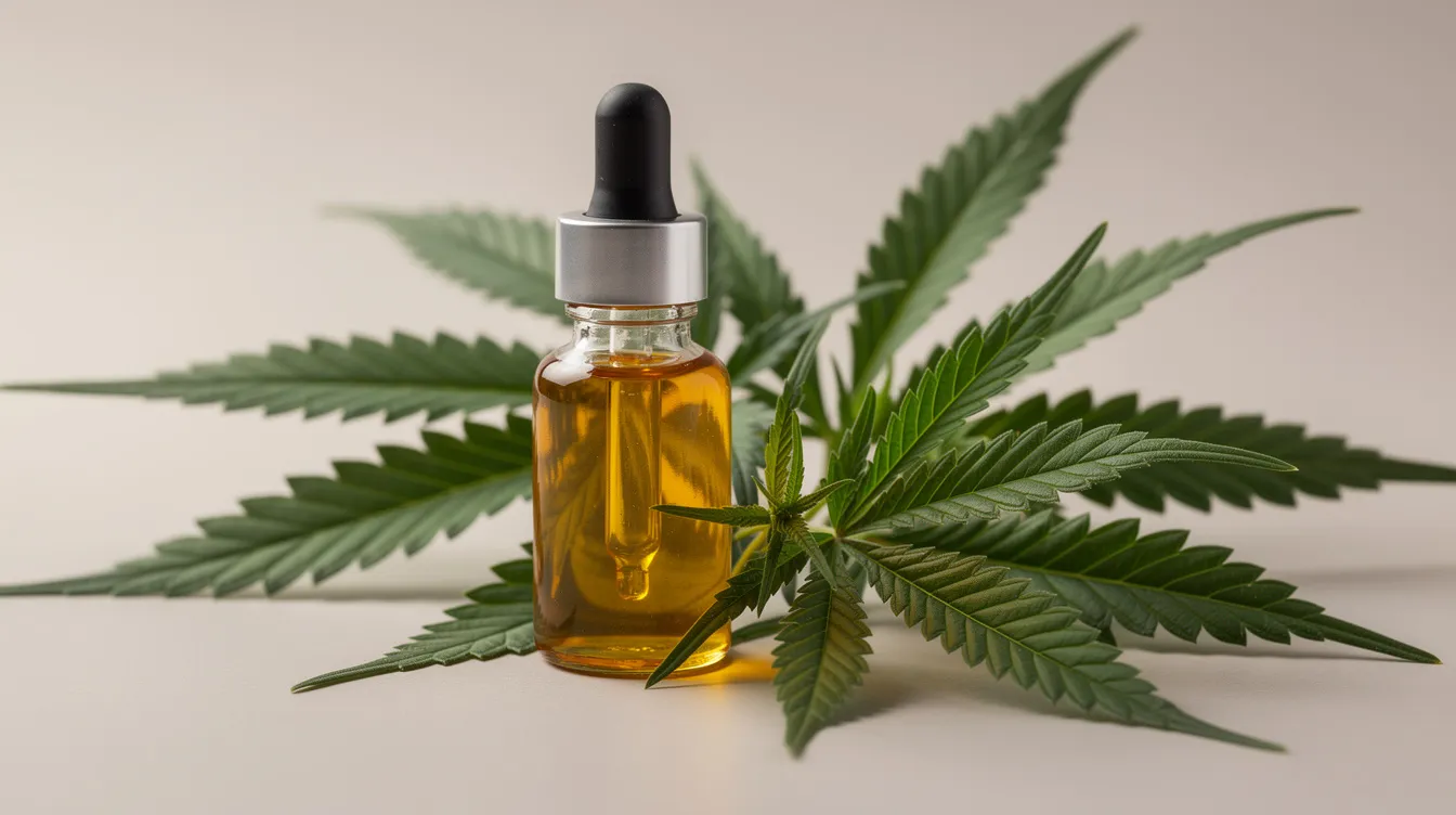 The image features a glass dropper bottle filled with golden cannabis oil, resting beside fresh hemp leaves. This cannabis extract is rich in terpenes, which are aromatic compounds found in the cannabis plant and contribute to its therapeutic properties and distinctive aromas.