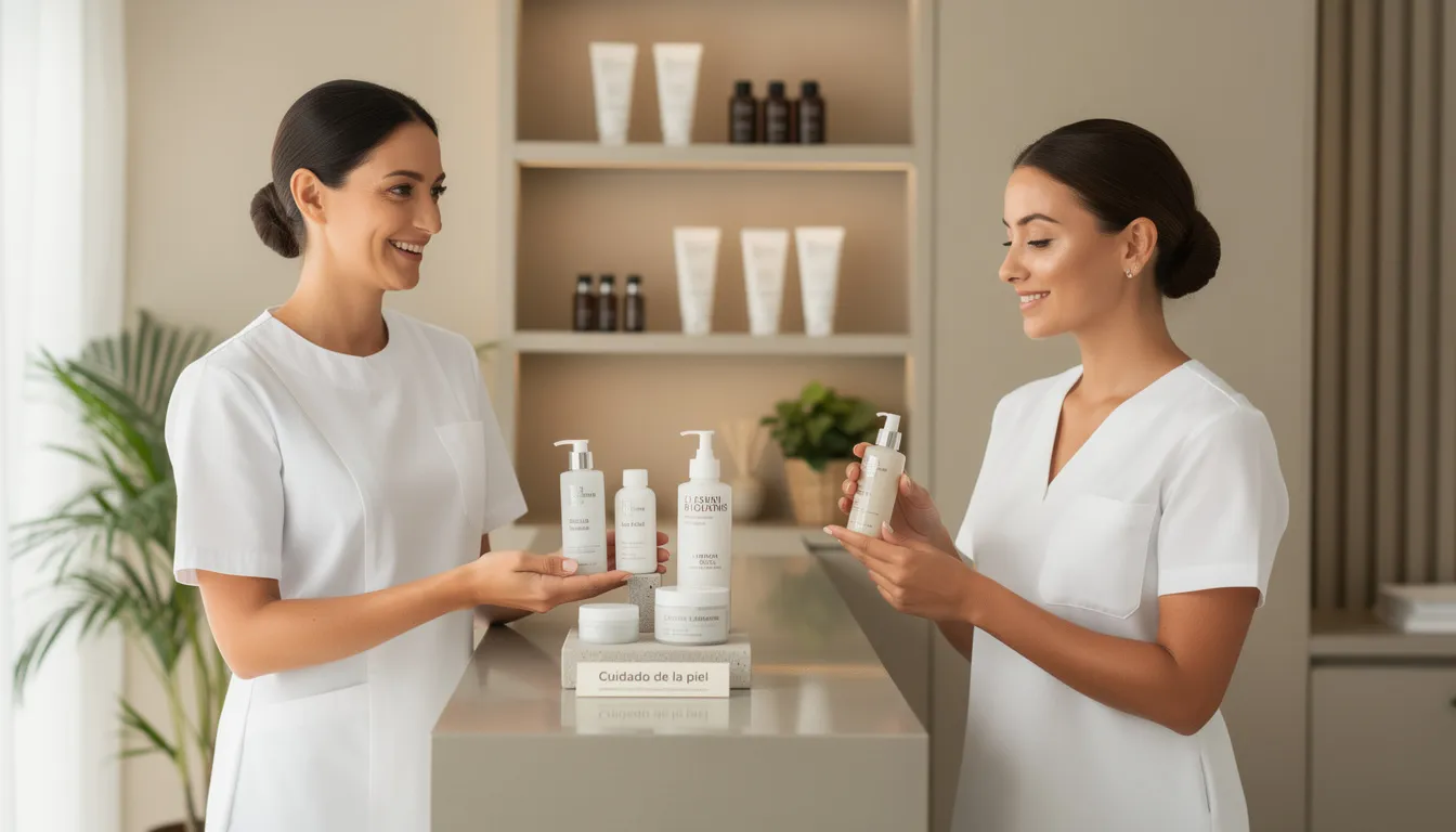 Una profesional de spa sostiene productos de cuidado de la piel mientras interactúa con una cliente satisfecha, creando un ambiente de atención y confianza. Esta imagen resalta la importancia de la comunicación efectiva en el proceso de ventas, donde el uso de herramientas como WhatsApp puede facilitar la conexión entre empresas y consumidores.