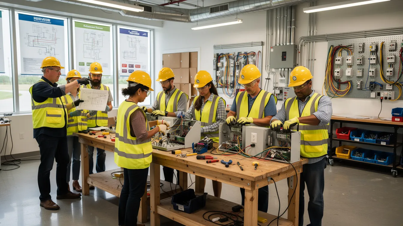 A diverse group of apprentices, including women in construction, is engaged in hands-on training in a classroom setting, practicing with hand tools and electrical components. This environment fosters skills essential for successful careers in the construction industry, highlighting apprenticeship opportunities for all individuals interested in skilled trades.