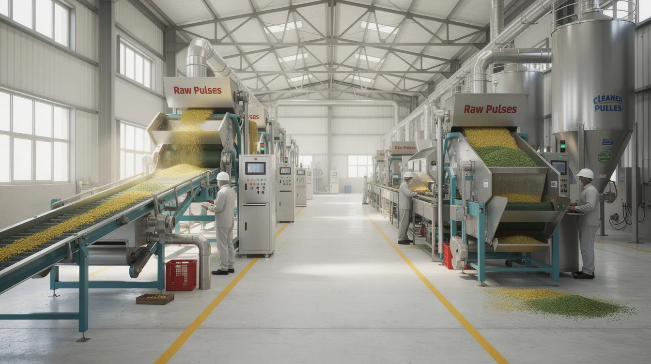 217d623a 2fbf 4064 b5a6 718e82de835a The image depicts the interior of a dal mill processing floor, showcasing various cleaning machinery and pulse grading equipment actively in operation. This efficient setup highlights the importance of modern food processing techniques in meeting the growing demand for pulses in rural areas of India.