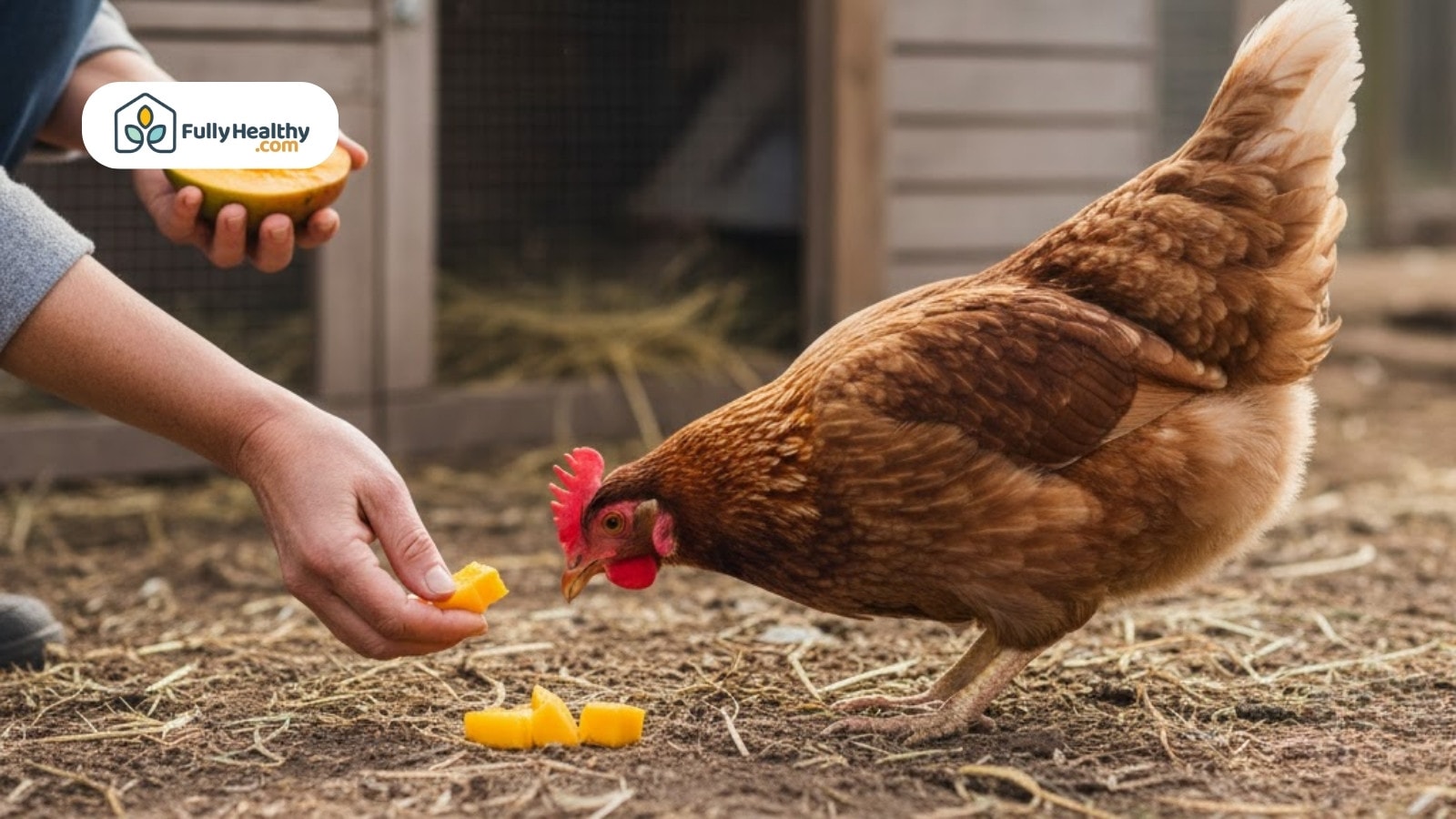 Person feeding diced mango pieces to a curious brown chicken near a coop