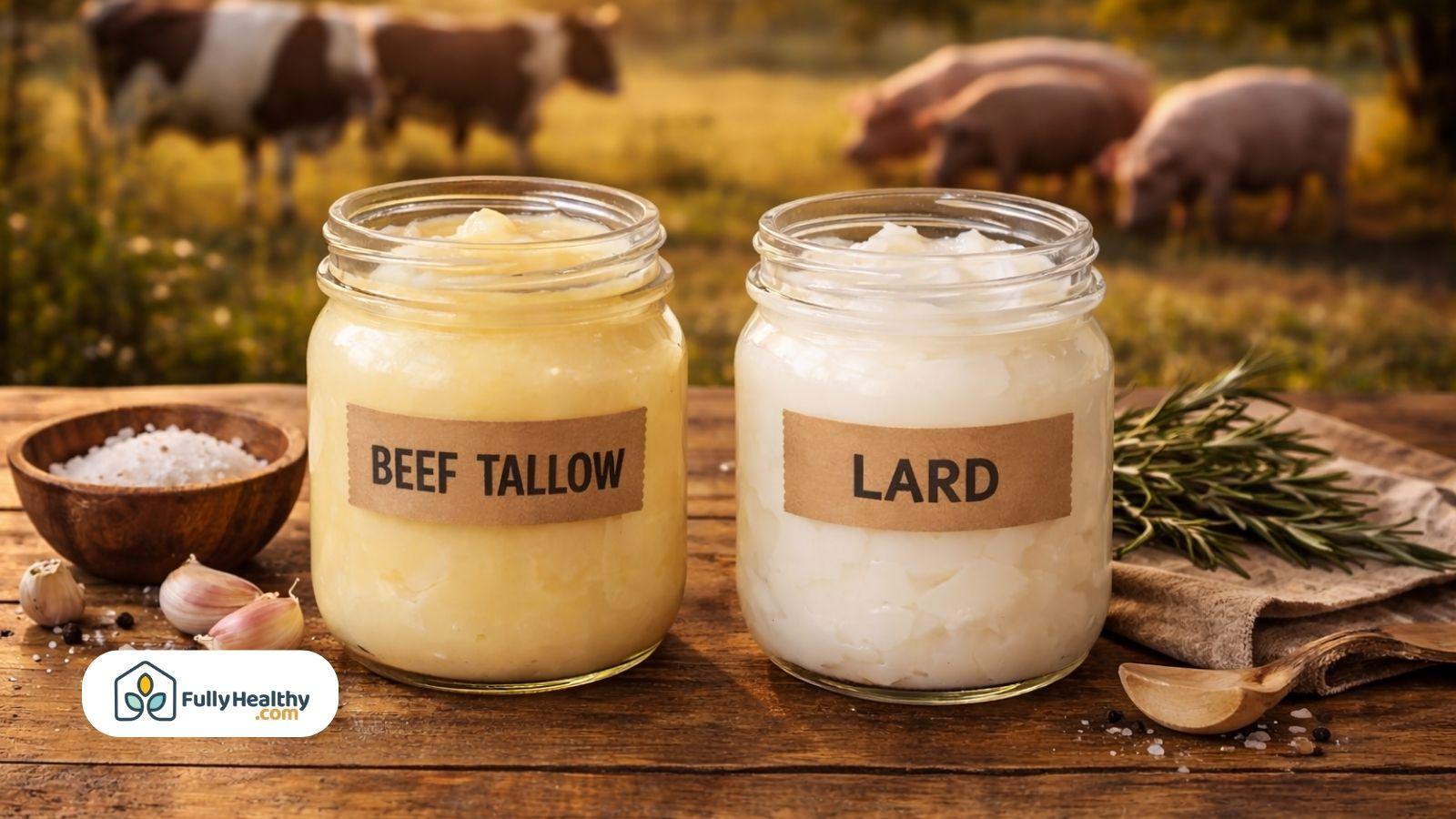 Beef tallow and lard jars with cows and pigs background