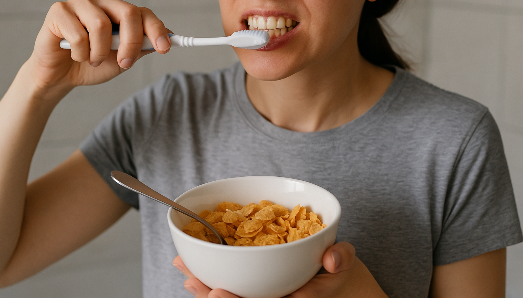 Kvinne som pusser tennene mens hun holder en bolle med frokostblanding, illustrerer tannpuss før eller etter frokost.