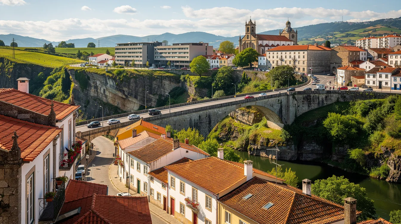 A imagem mostra uma vista panorâmica da cidade de Vila Real, em Portugal, destacando seu centro histórico e a natureza ao redor. É um destino que combina cultura e tranquilidade, ideal para visitantes que buscam explorar a rica história portuguesa.
