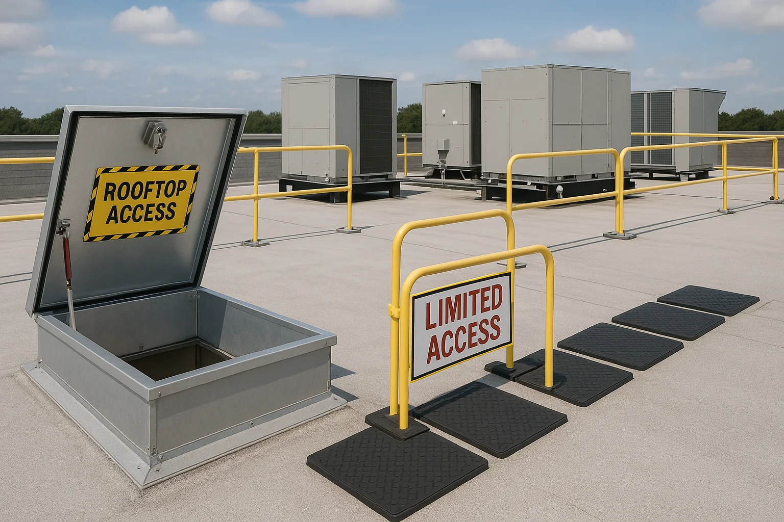 Rooftop access area with walkway pads and safety barriers protecting the flat roof surface from damage.