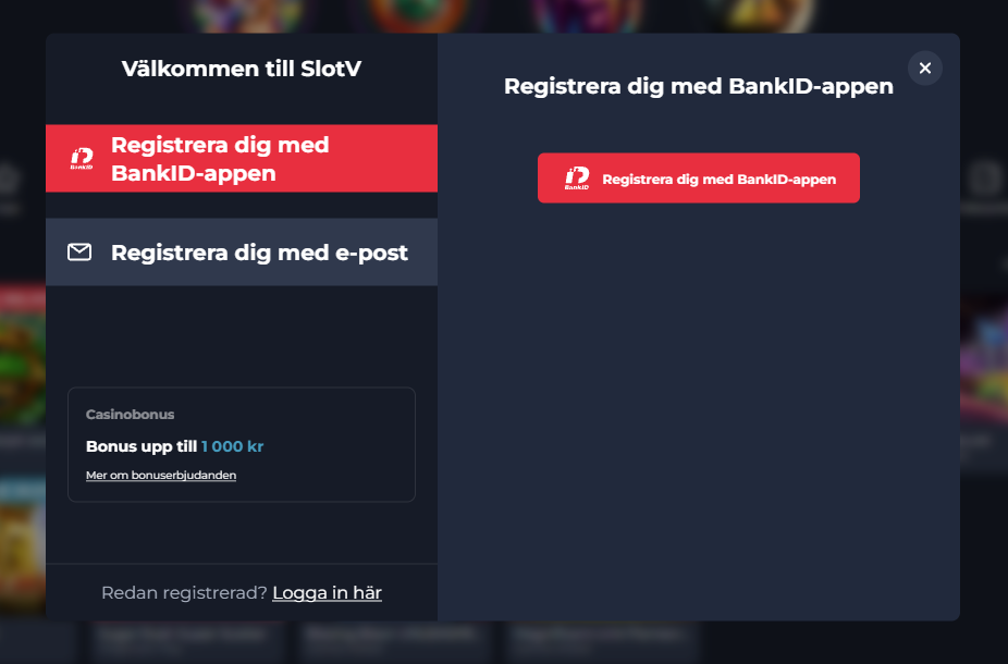 Registrering hos SlotV Casino med BankID eller e-post.