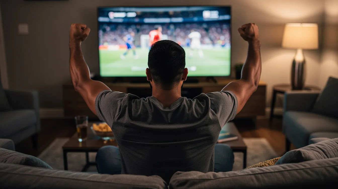 Un hombre hispano grita con entusiasmo frente a la televisión mientras ve un partido de fútbol, expresando su pasión por el juego. Su espalda es visible y se puede sentir la intensidad de la experiencia deportiva en el ambiente.