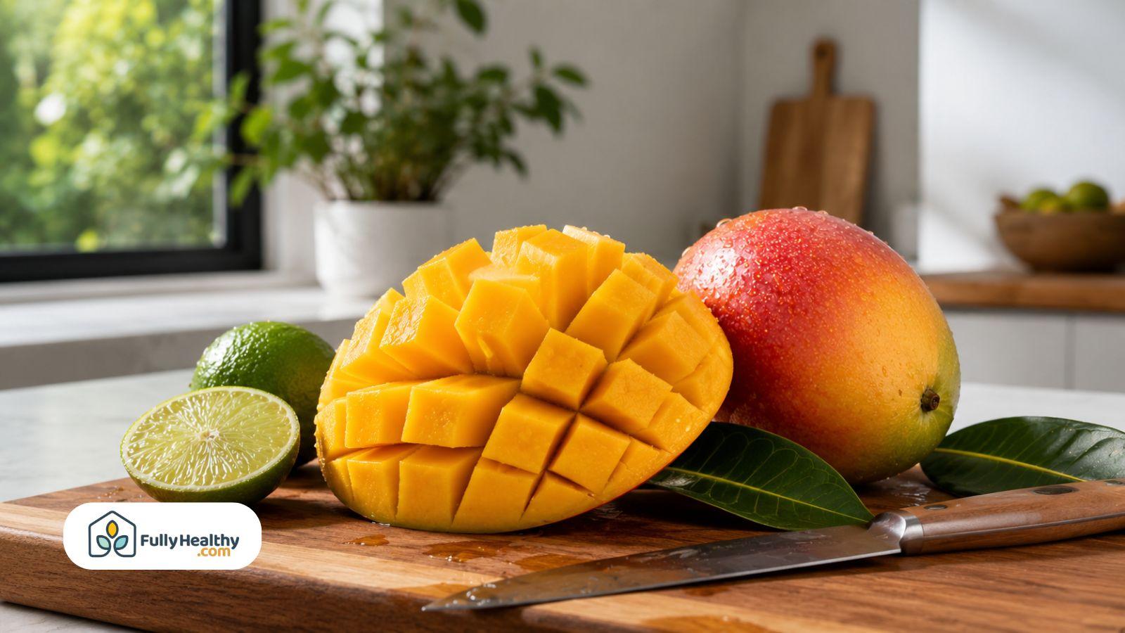 Ripe mango and sliced mango with lime on bright kitchen cutting board