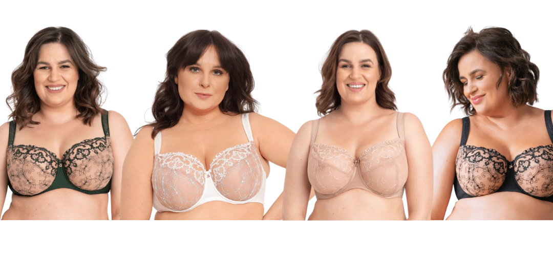 Models wearing Samanta Perla Balconette Polish Bras in Pink, Black, White colors