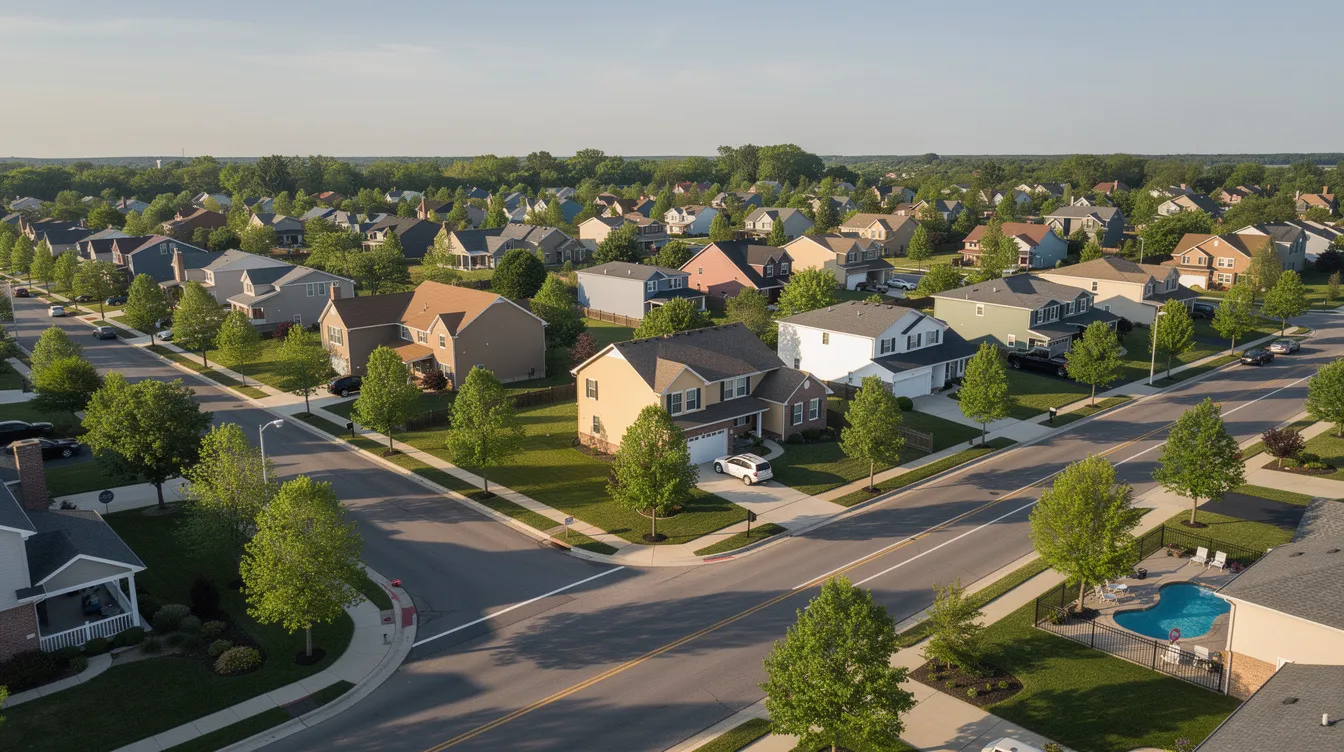 An aerial view captures a suburban neighborhood featuring well-maintained houses and tree-lined streets, showcasing a peaceful residential area. This image reflects an environment where families might consider home equity lines of credit for home improvements or to consolidate high interest debt.