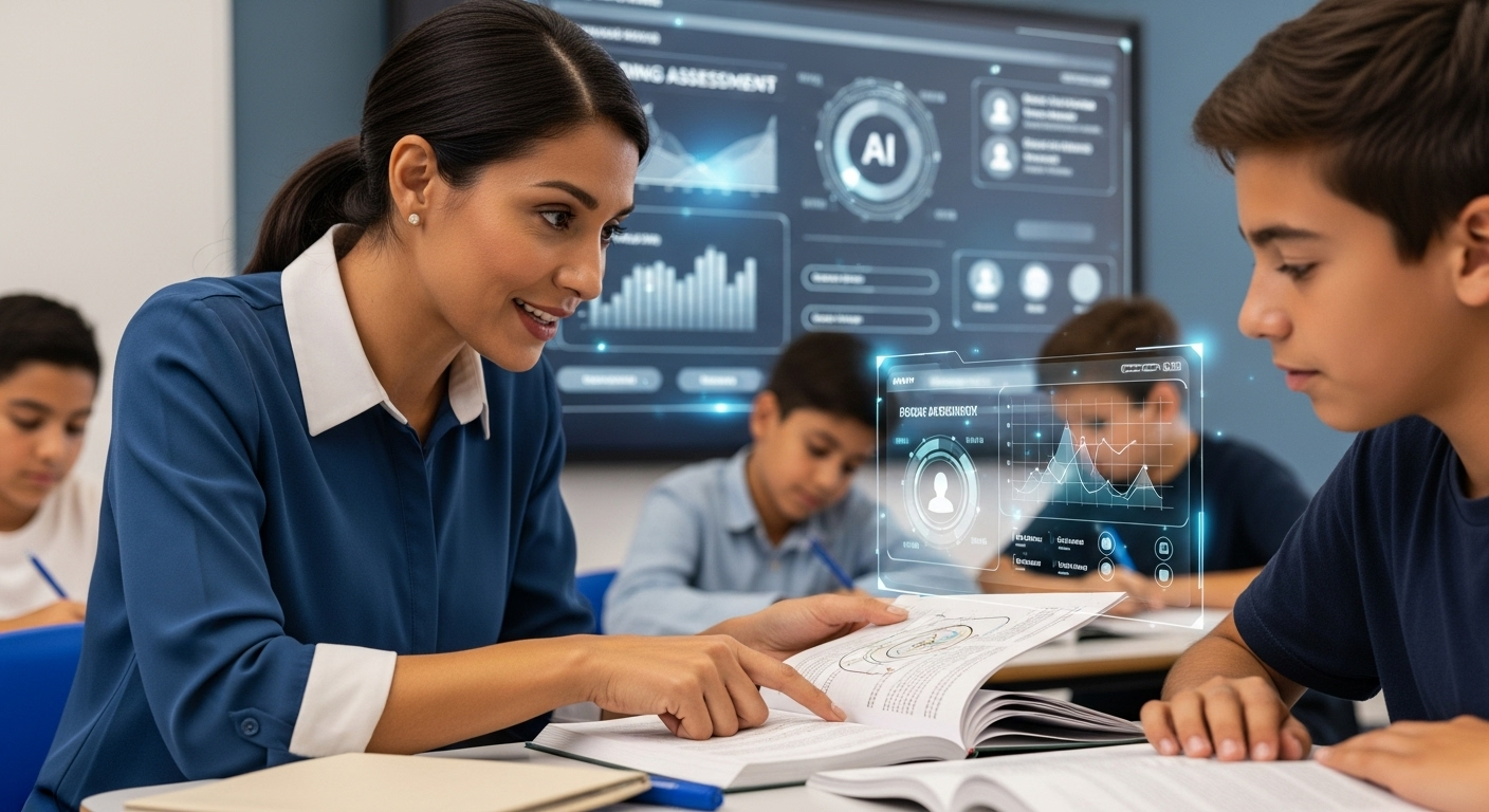 Teacher mentoring students one-on-one while AI handles grading and assessment in the background