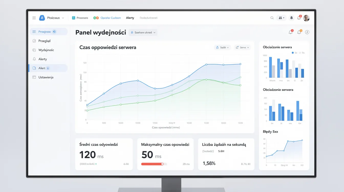 Na ekranie dashboardu widoczne są wykresy przedstawiające wydajność oraz metryki czasu odpowiedzi serwera, co pozwala na analizę i optymalizację aplikacji webowych. Interaktywne elementy wizualizują dane, co ułatwia programistom monitorowanie i rozwijanie aplikacji w środowisku Laravel.