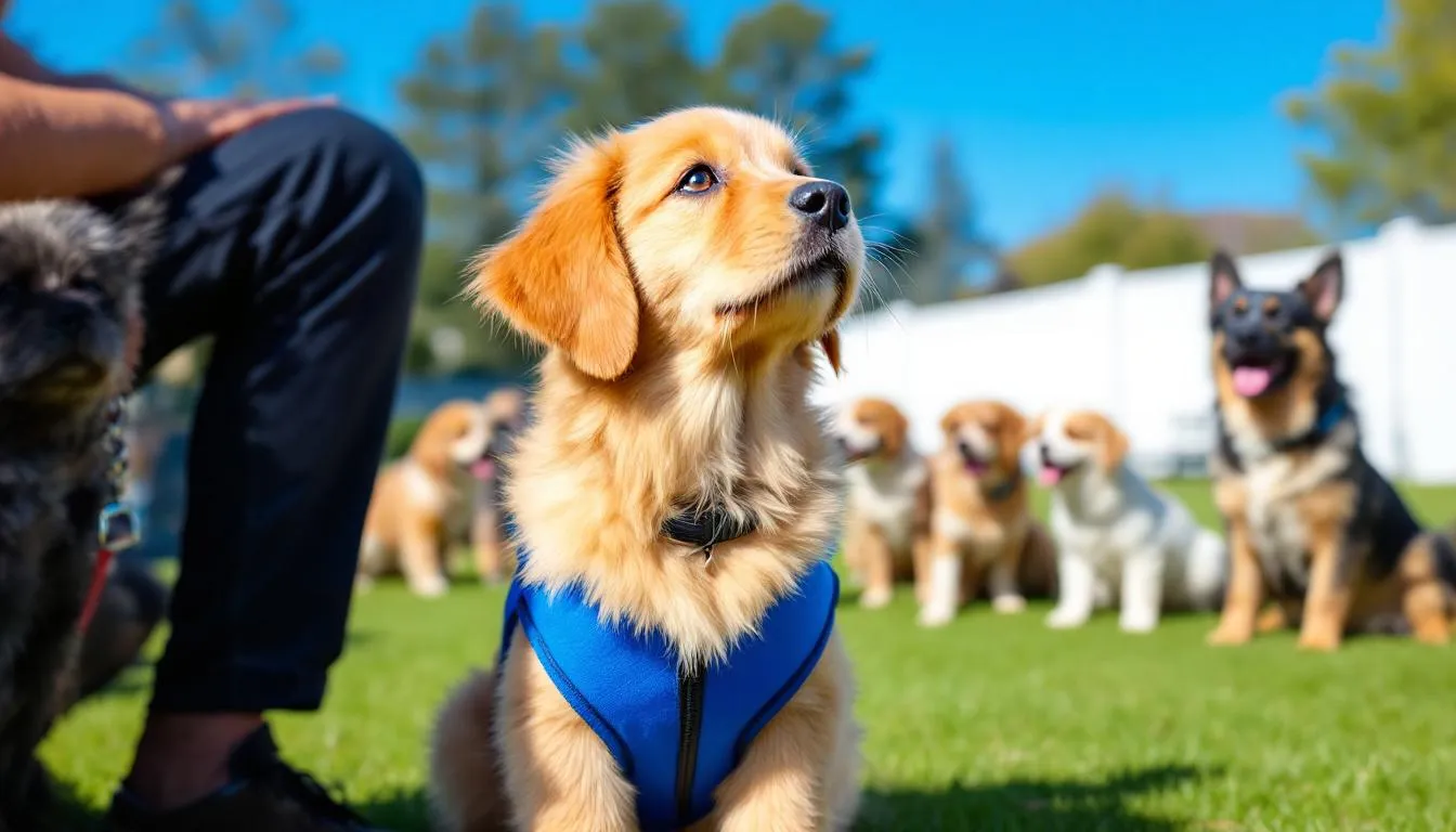 A mini goldendoodle puppy is engaged in a training class alongside other dogs, showcasing its sociable nature and eagerness to learn. The setting features various breeds, emphasizing the friendly atmosphere of the training session.