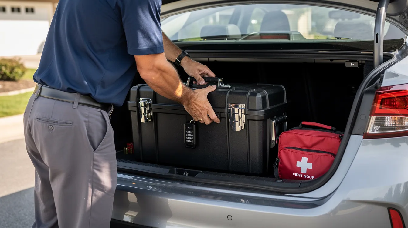 The image depicts a responsible gun owner carefully securing a firearm case in the trunk of a vehicle, emphasizing the importance of lawful firearm ownership and safe transportation in accordance with Pennsylvania gun laws. This scene highlights the commitment to public safety and responsible gun ownership practices.