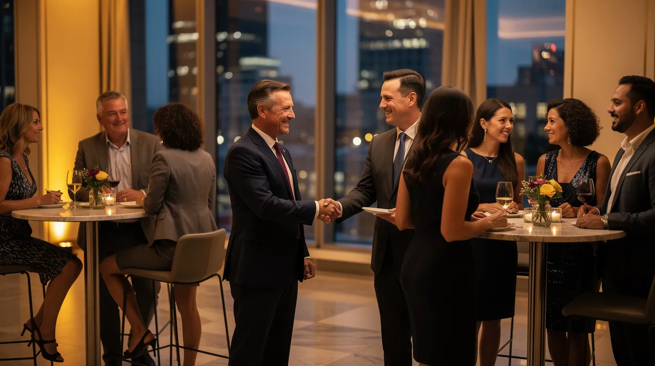 A diverse group of professionals from the construction industry is seen shaking hands and networking at an evening reception event, highlighting their commitment to open competition and workforce development in the Ohio Valley. This gathering fosters connections among industry partners and advocates for the merit shop philosophy, aiming to support contractors and communities in advancing their projects and training opportunities.