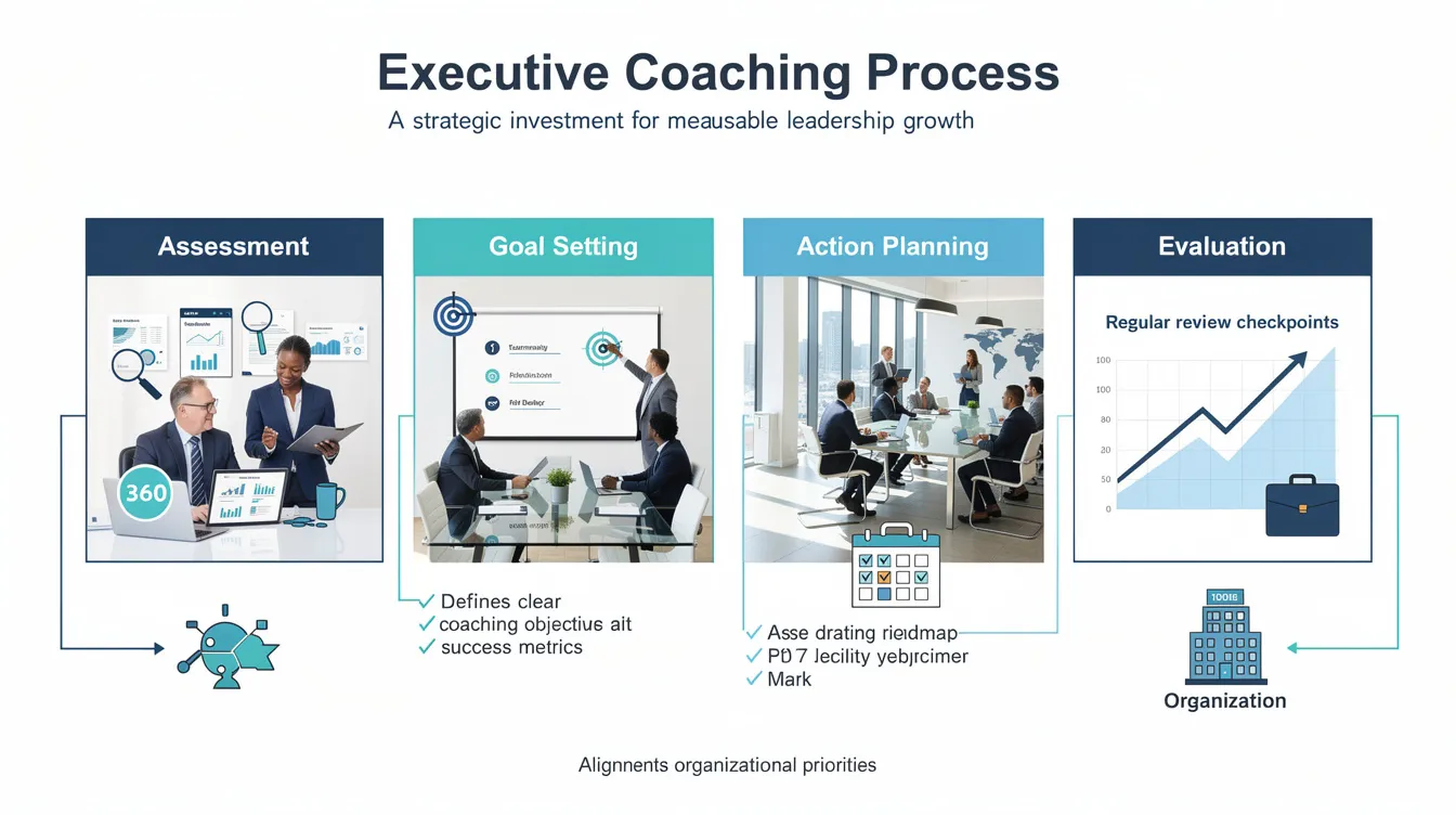 The image illustrates the structured executive coaching process, emphasizing key phases such as assessment, goal setting, action planning, and evaluation, which are essential for leadership development and measurable growth in senior leaders. It highlights the importance of clear objectives and regular review checkpoints to drive business success and enhance leadership effectiveness.