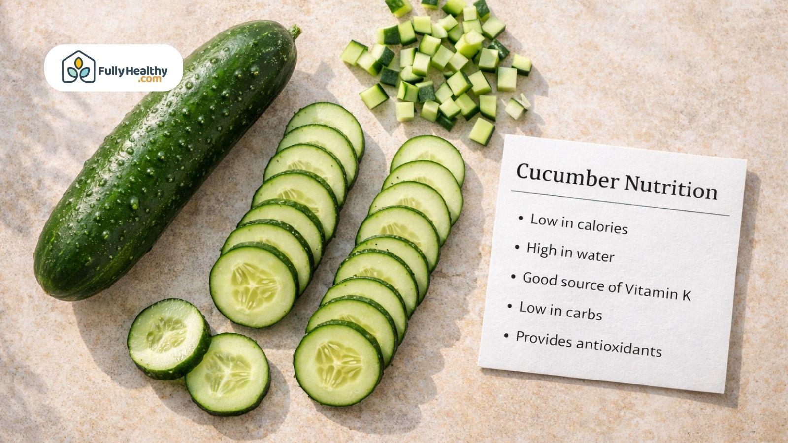 Whole and sliced cucumber with chopped pieces and nutrition info card