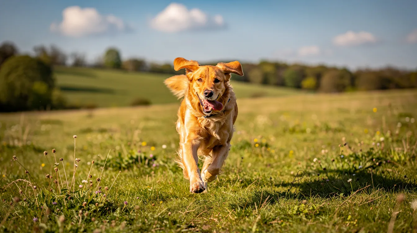 A healthy golden retriever joyfully runs across a lush grassy field in the countryside, showcasing its vitality and energy. This scene highlights the importance of a balanced diet for dogs, which can include essential nutrients like vitamin C to support their overall health and immune system.