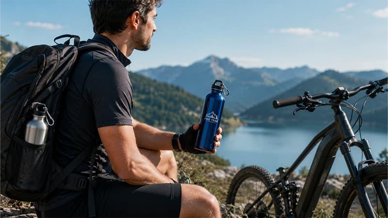 Custom outdoor water bottle for cycling, hiking, travel, and adventure campaigns