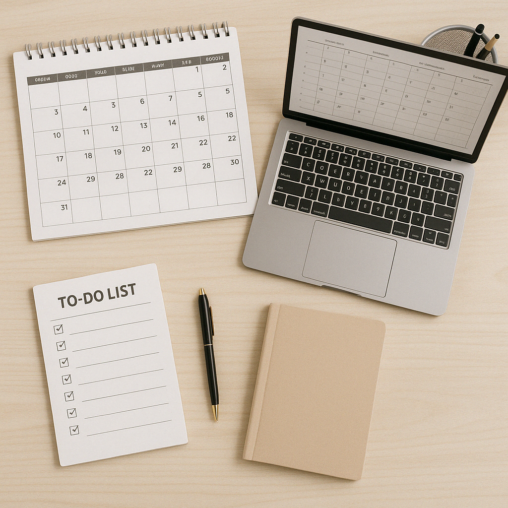 Overhead view of a desk with a calendar, laptop, to do list, notebook, and pen, showing time entries, tracked time, project management data, and track progress.