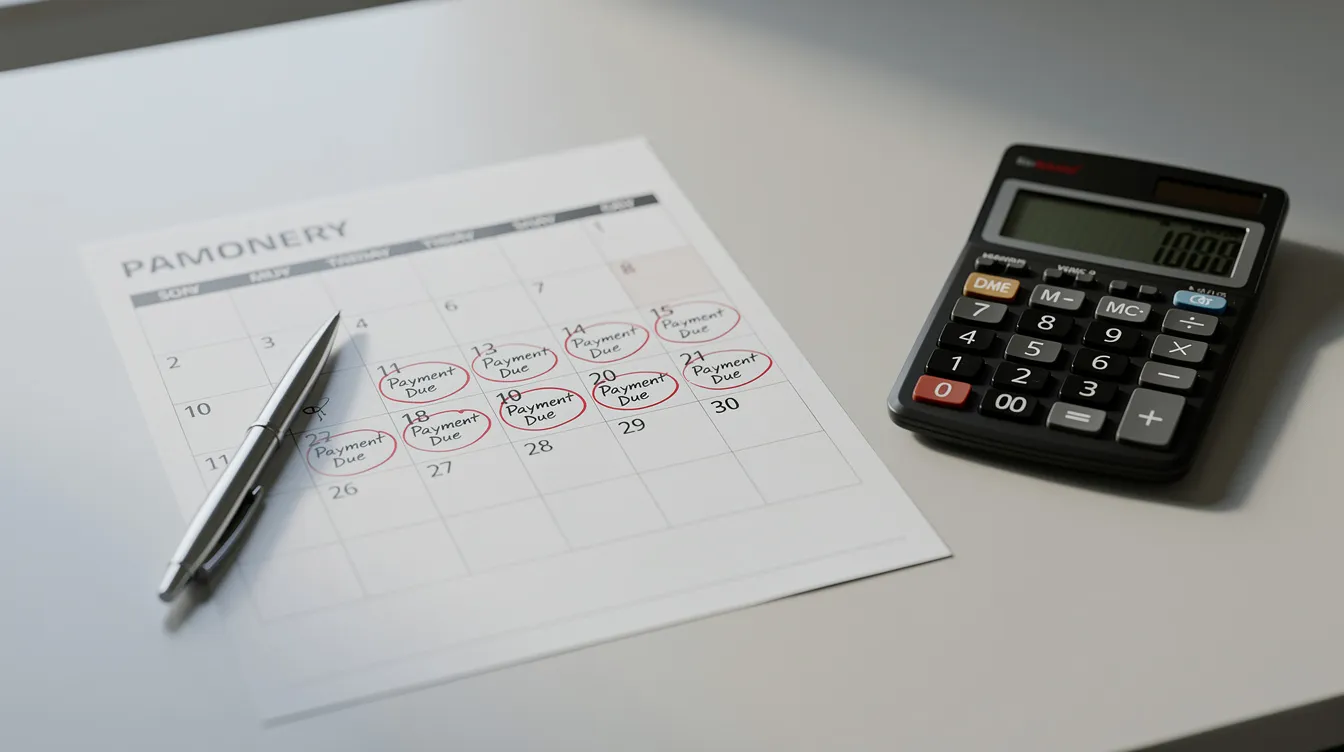 The image shows a calendar with various payment due dates highlighted, alongside a calculator, suggesting a focus on financial planning and payment management. This setup may be useful for individuals considering 免 tu 貸款 options and evaluating their 還款 能力.