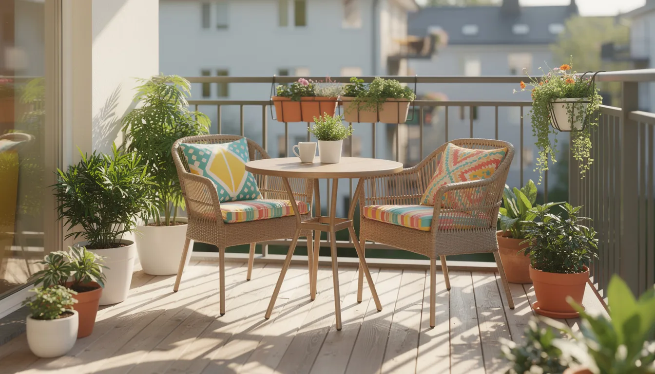 En solig balkong med ett caféset i konstrotting, omgiven av gröna växter och färgglada dynor, skapar en inbjudande atmosfär för avkopplande dagar. Här finns en perfekt plats för att njuta av både kaffe och sol, vilket gör det till en populär del av hemmet.