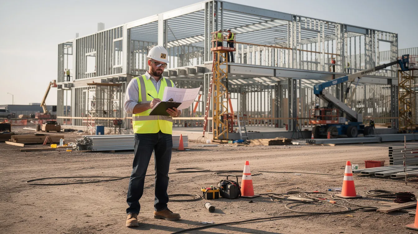 A construction superintendent stands on an active commercial jobsite, holding a clipboard and reviewing documents near steel framing. This scene highlights the importance of risk management processes in the construction industry, as the superintendent assesses potential risks and ensures compliance with safety standards for the project team.