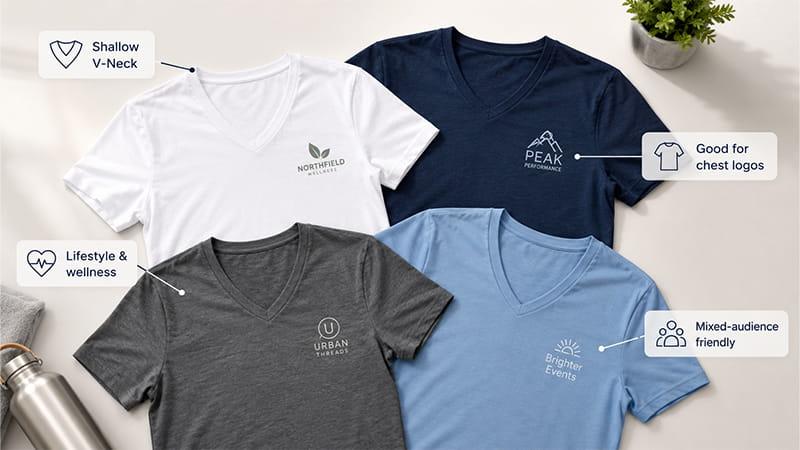 Shallow V-neck shirts with chest logo placement for lifestyle, wellness, and mixed-audience promotions.