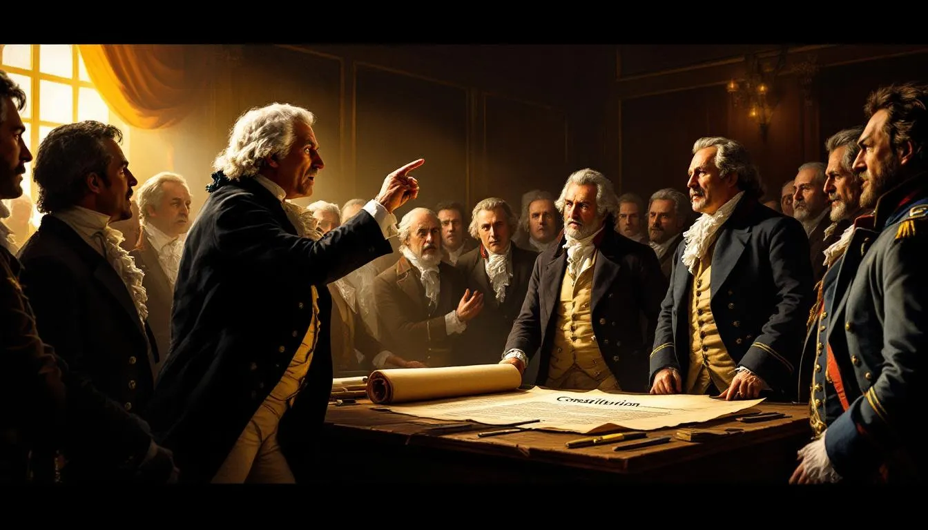 A historical illustration depicting Federalists advocating for a strong central government.