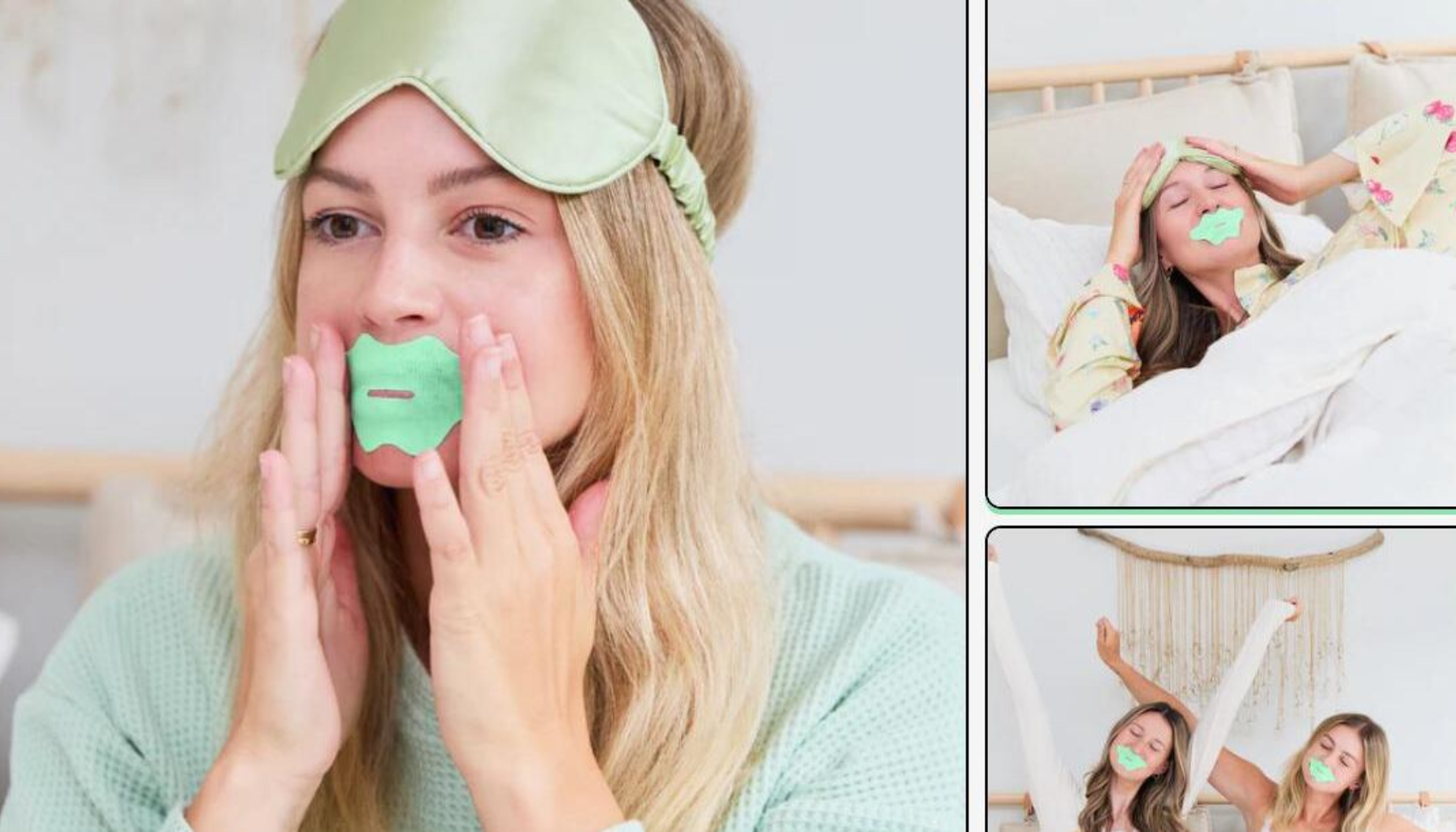 Kvinne bruker grønn munnlapp og sovemaske, mens mindre bilder viser samme produkt brukt under søvn i bruk.