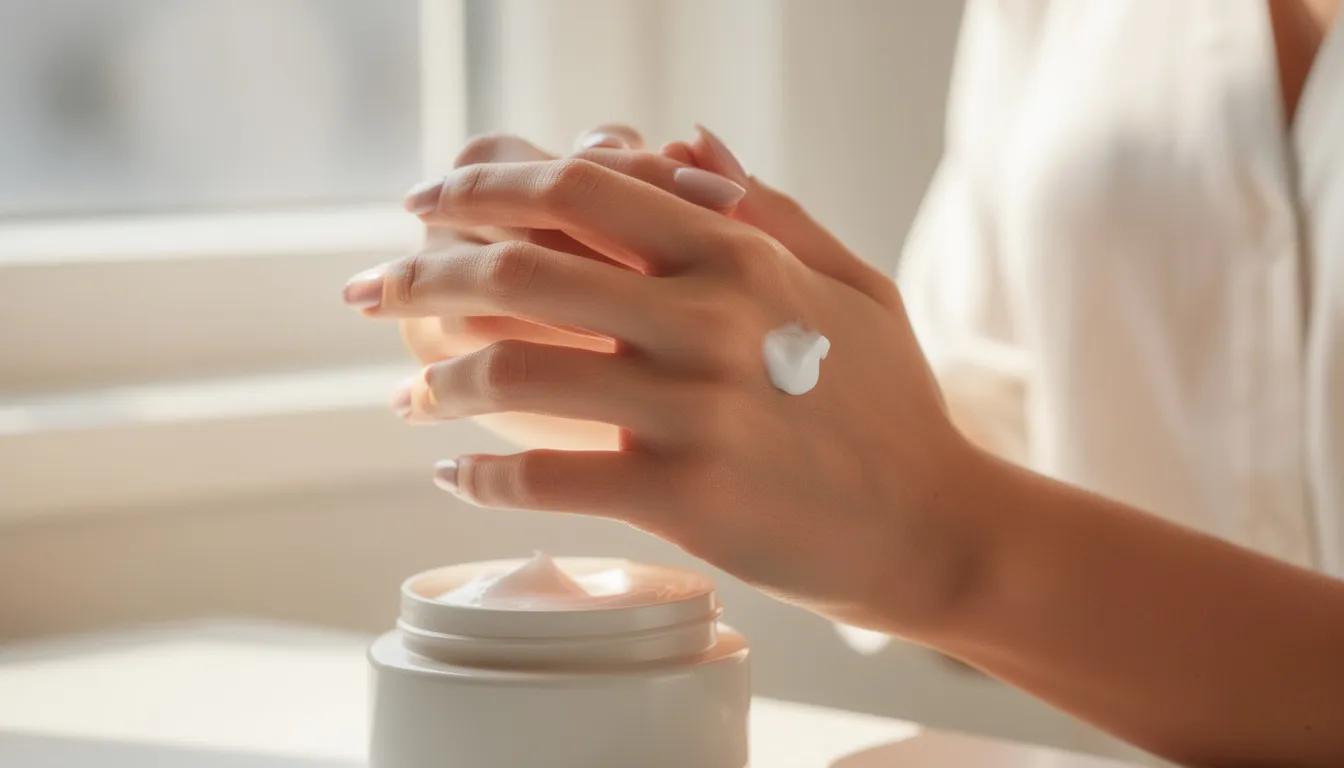 A pair of woman's hands delicately applies a cream, illuminated by soft morning light, suggesting a gentle skincare routine. The cream, possibly containing natural ingredients like beef tallow or jojoba oil, is aimed at enhancing skin health and addressing various skin types, including dry and sensitive skin.