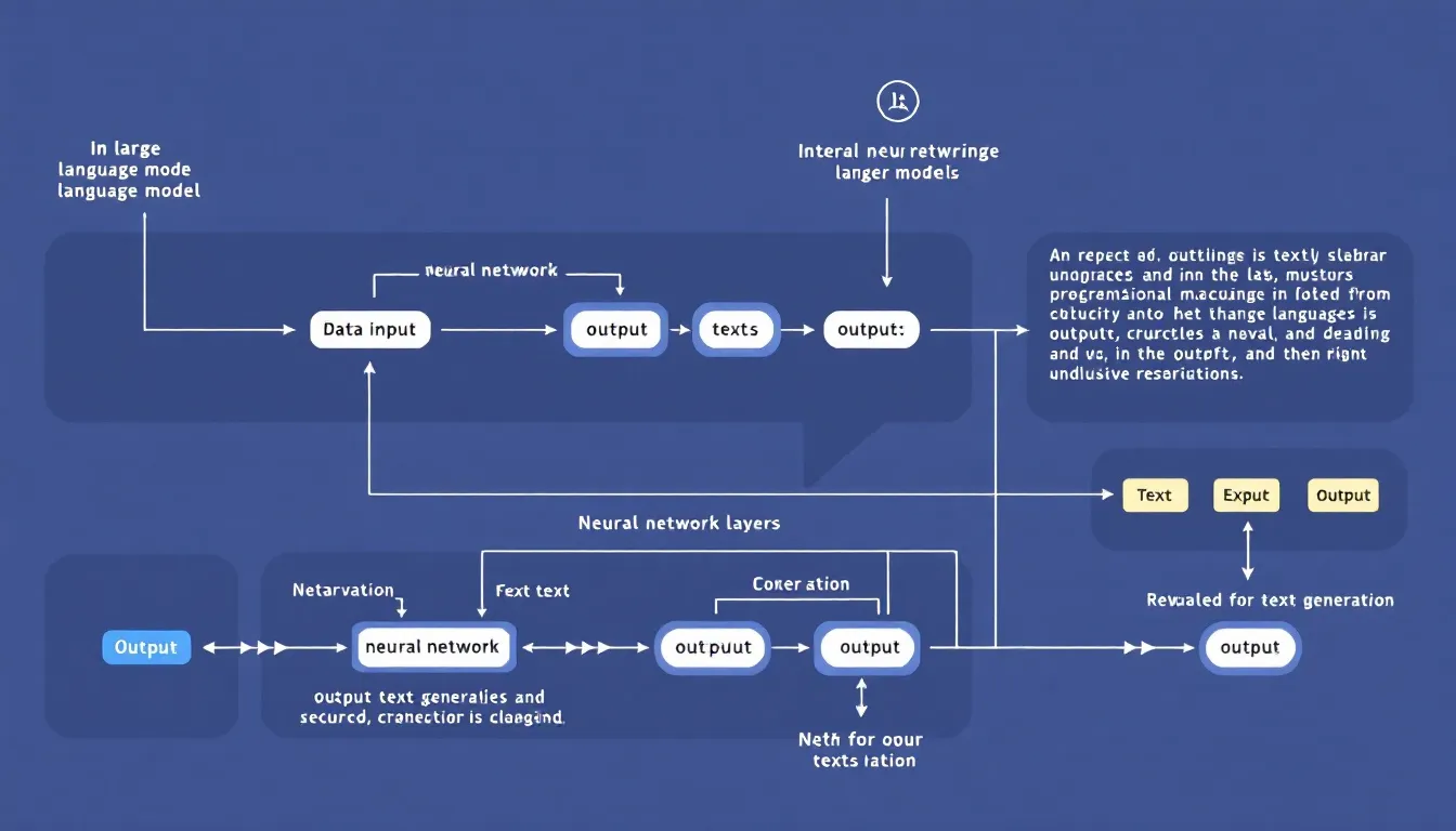 The image illustrates how large language models (LLMs) work, showcasing elements like transformer architecture, neural networks, and training data. It highlights the processes of fine-tuning and natural language processing, emphasizing the importance of model performance and human feedback in generating text and understanding user intent.