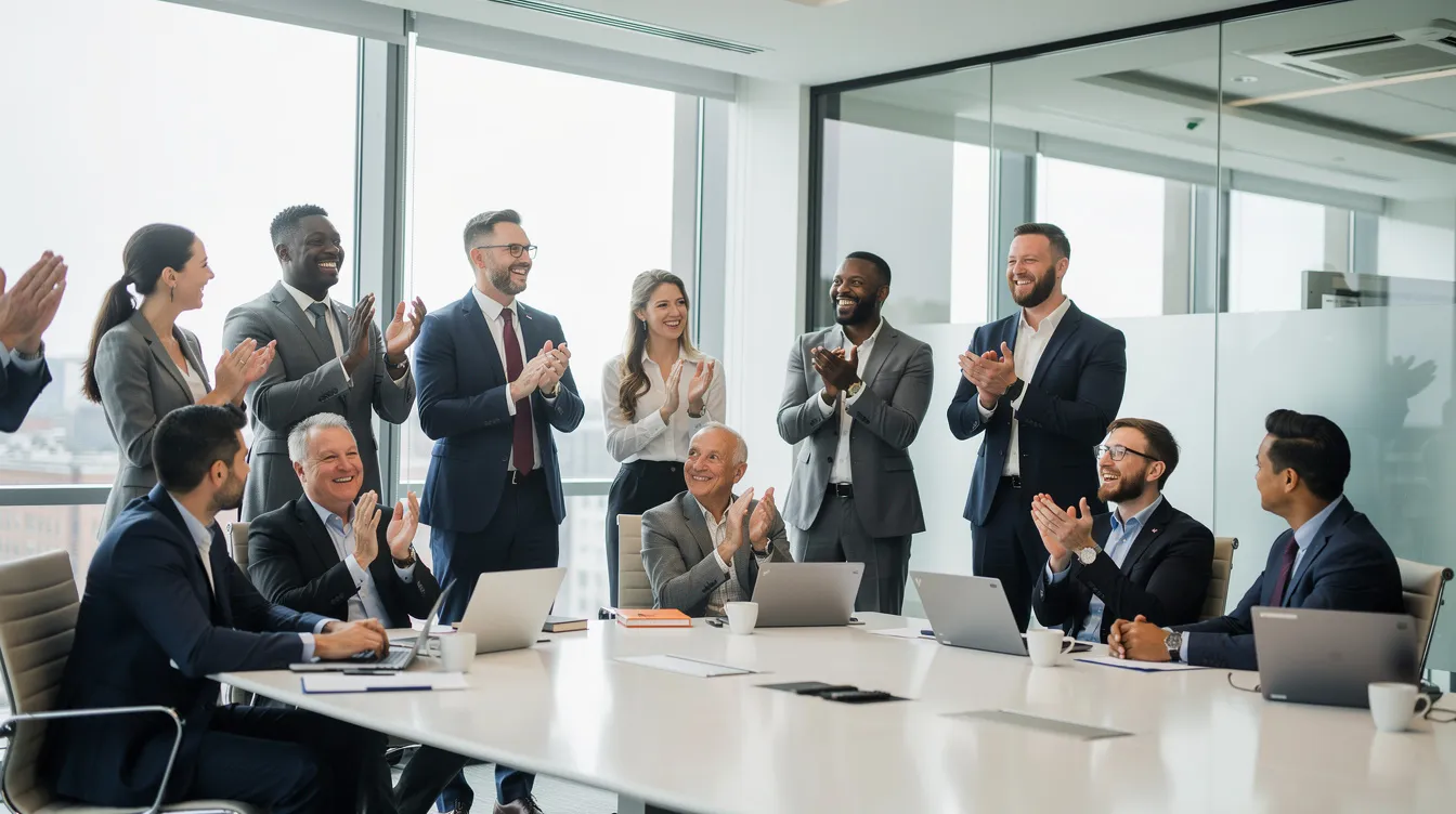 Un groupe diversifié de professionnels applaudit joyeusement dans une salle de réunion moderne, illustrant la cohésion et le travail d'équipe. Cette scène évoque une atmosphère de motivation et de bonheur au sein du milieu professionnel.