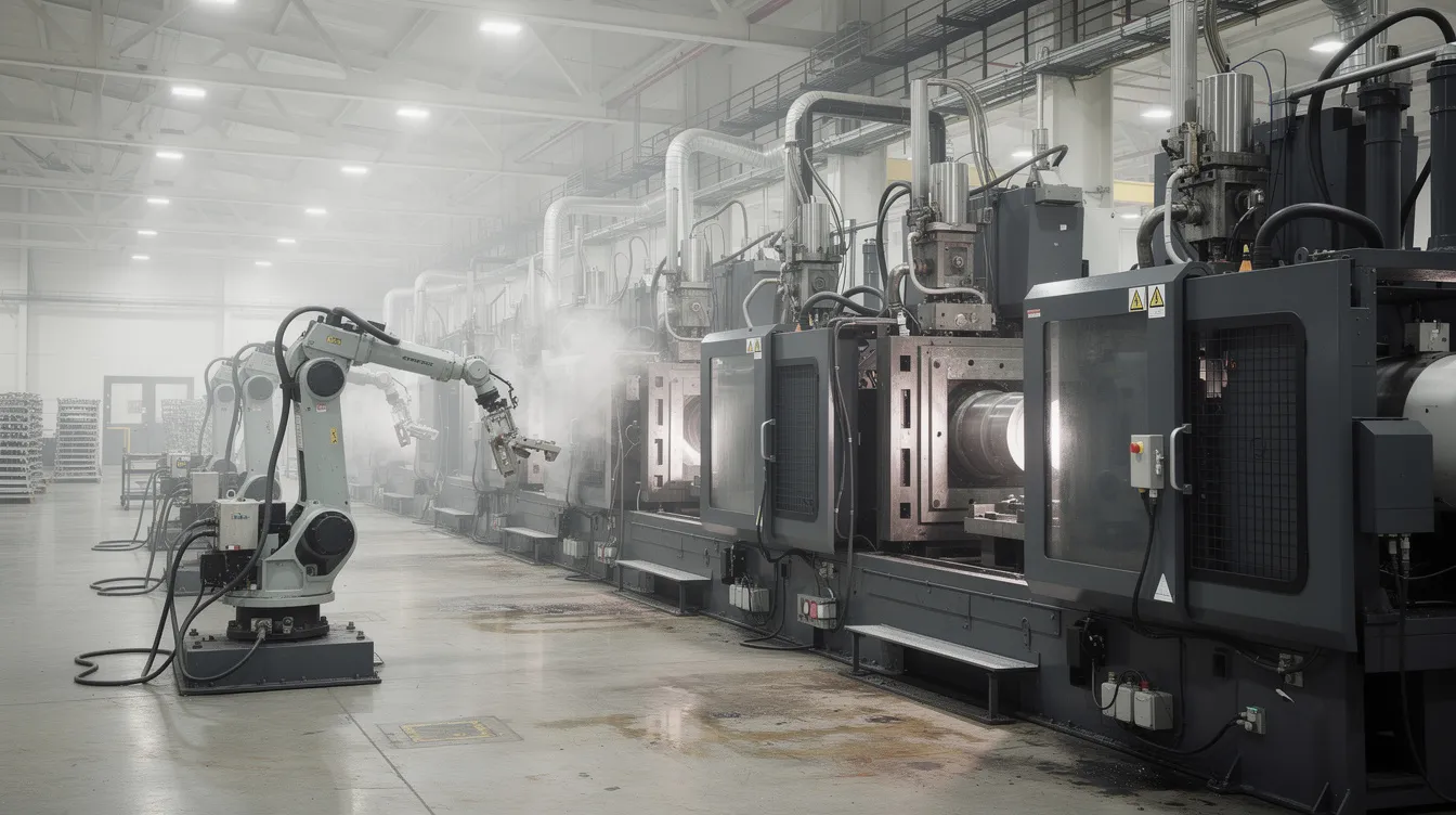 The image features a row of large cold-chamber die casting machines equipped with robotic extraction arms, situated in an industrial factory setting. These advanced die casting machines are integral to the die casting process, likely producing high-quality aluminum die casting parts for various applications.