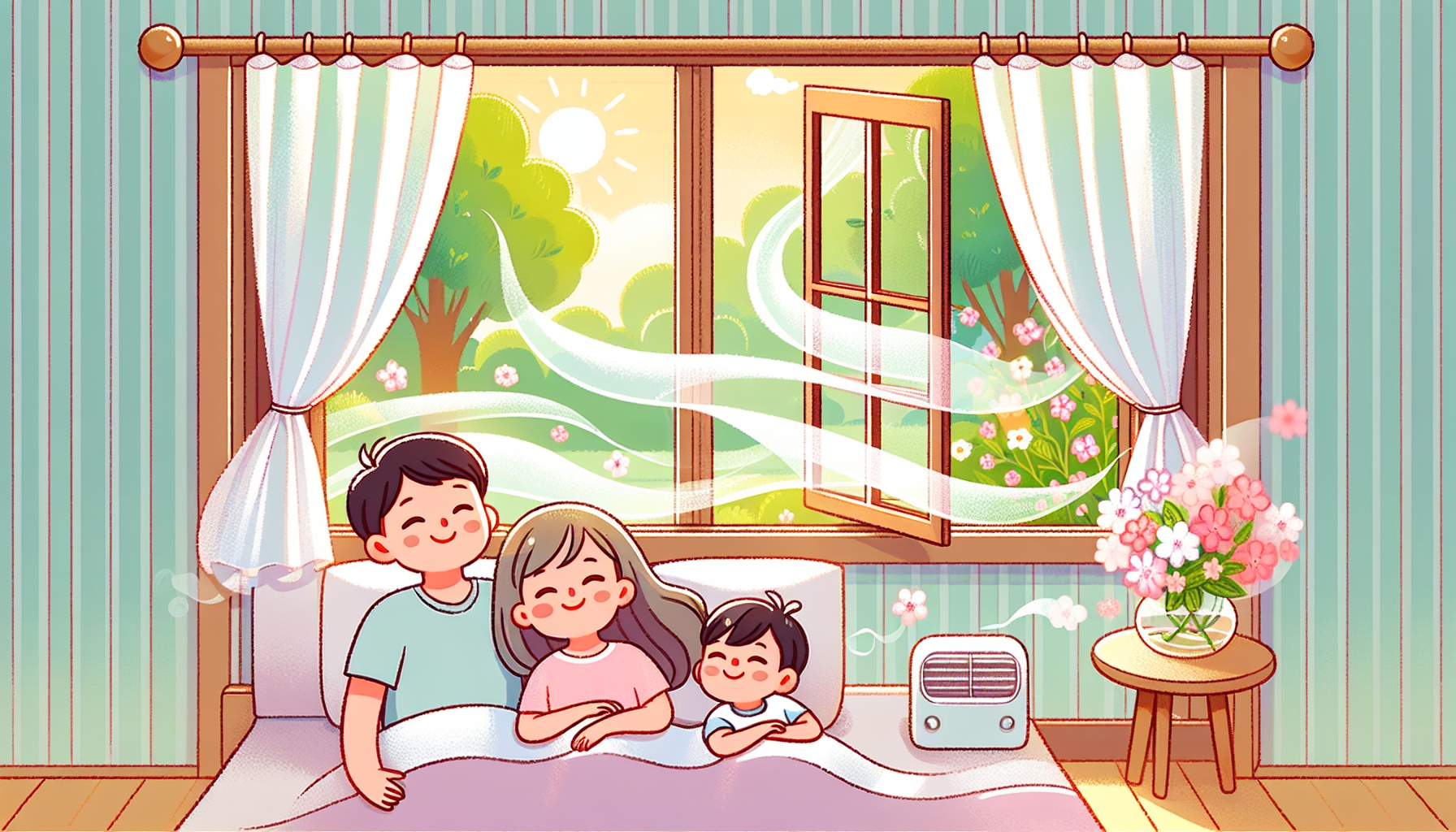 Illustration of a family enjoying fresh air in their well-ventilated home