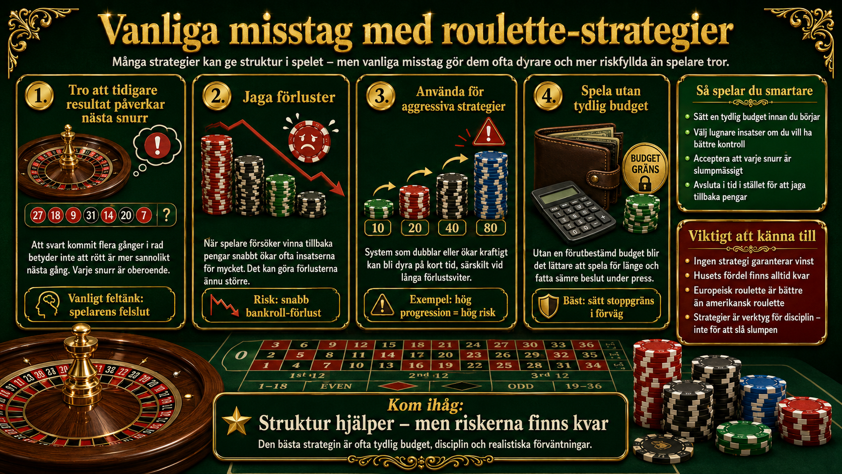Infografik om vanliga misstag med roulette strategier, som att jaga förluster och spela utan budget.